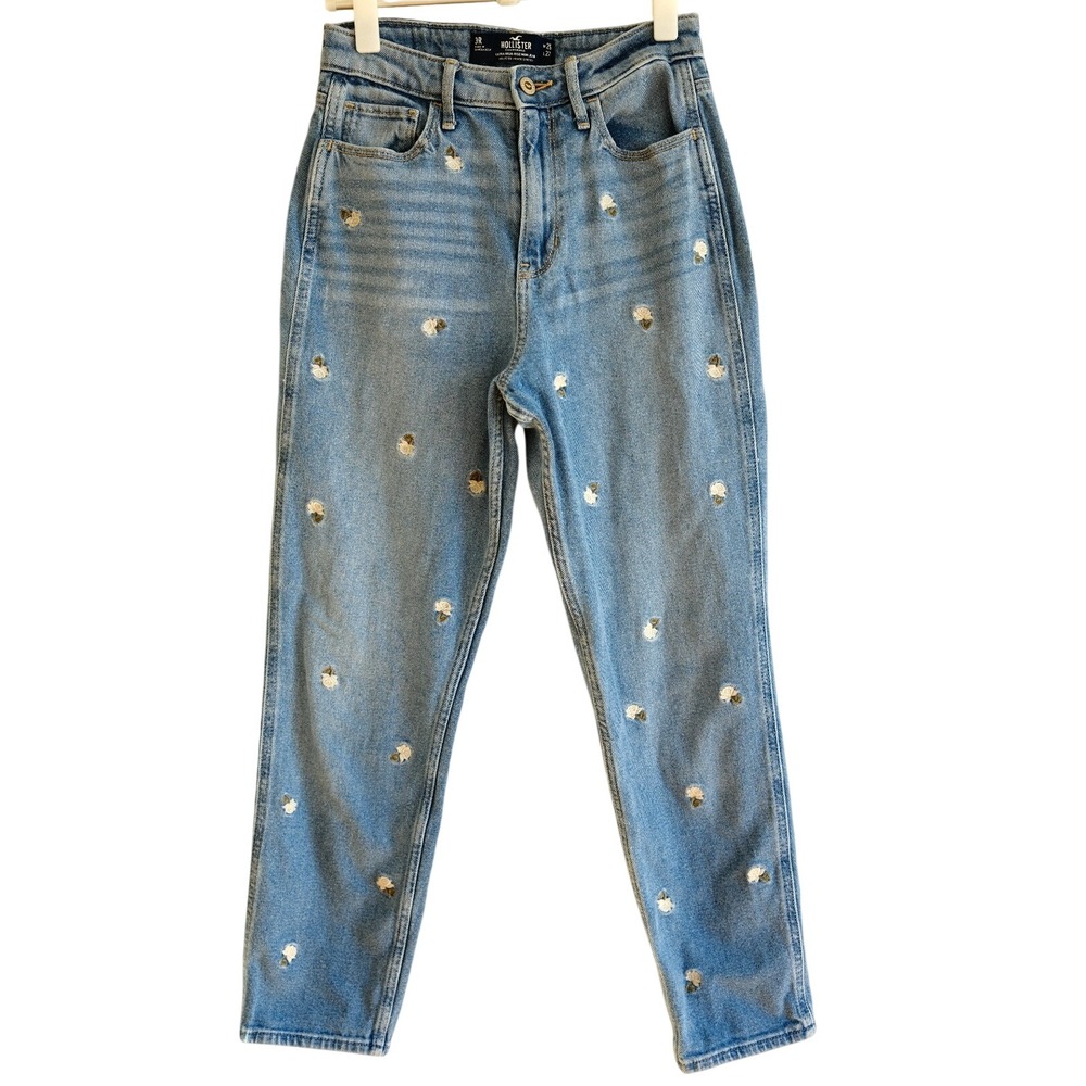 Hollister High‎ Rise Mom Jeans 26 Embroidered White Roses Floral Denim Y2K